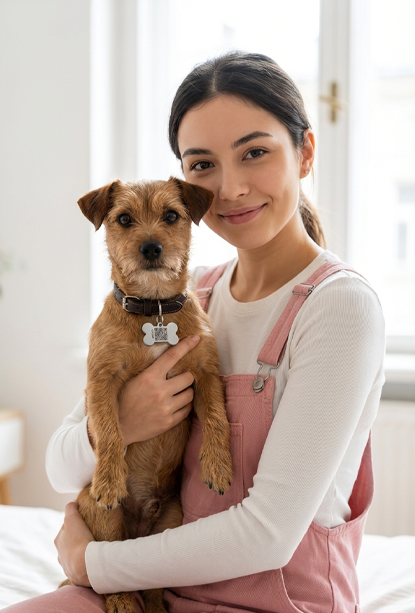 Jeune femme en salopette rose tenant tendrement son petit chien équipé du médaillon QR PETICA, dans une ambiance lumineuse et chaleureuse